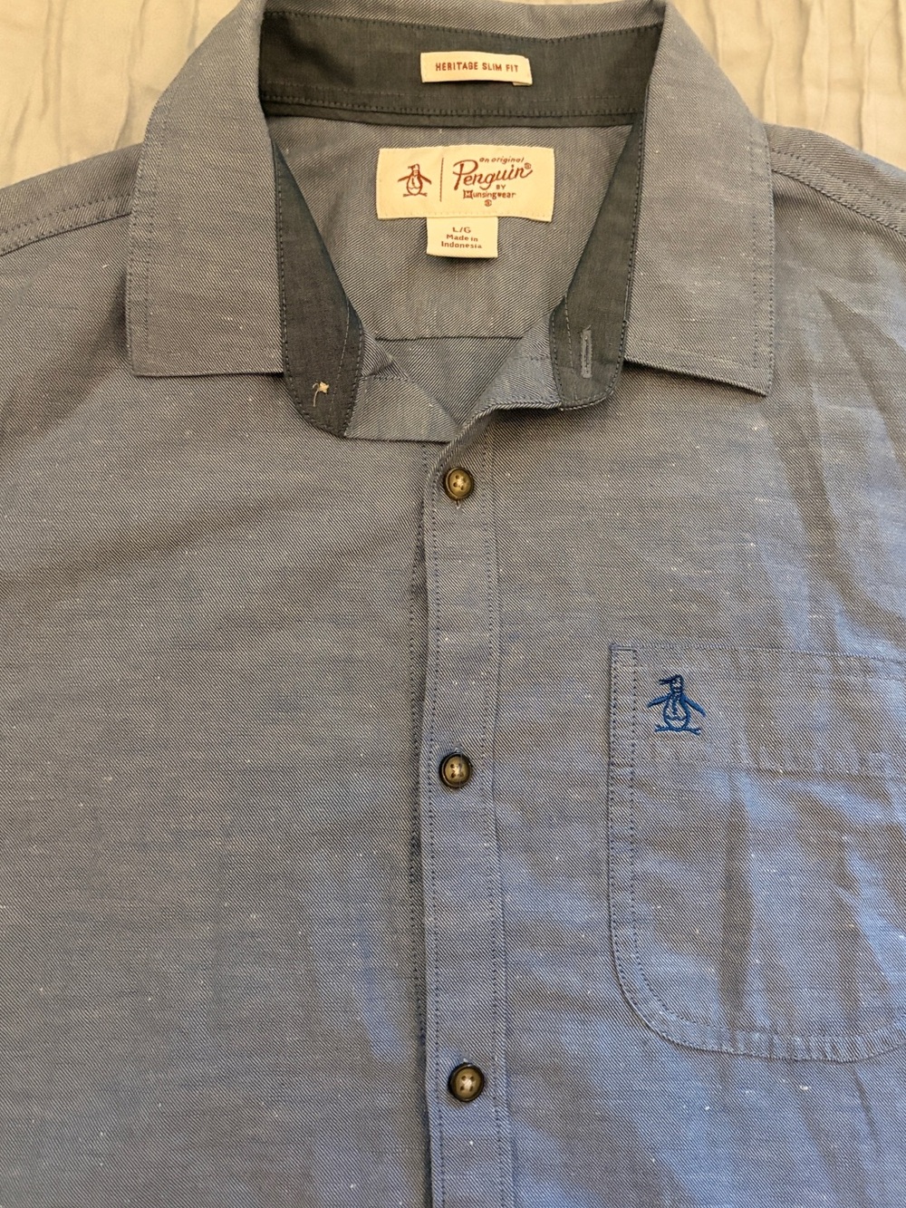 Original Penguin Heritage Slim Fit Blue Speckled Button Down Shirt L